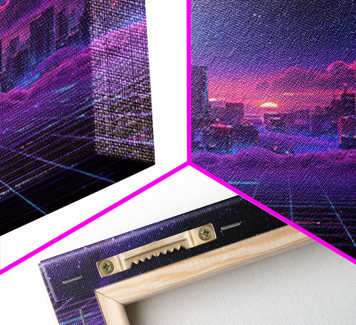 Neon Retro Futuristic Cityscape Wall Art, Vaporwave Sunset Skyline Canvas Print, Cyberpunk Room Decor, Gaming Office Artwork