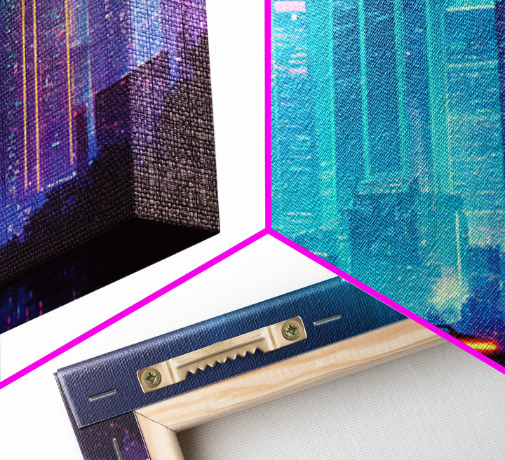 Cyberpunk Neon Cityscape At Night Wall Art, Futuristic Skyline Canvas Print, Retro Wave Room Decor, Gaming Home Decor