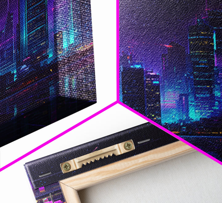 Neon Cyberpunk City Skyline Wall Art, Futuristic Nightscape Canvas Print, Sci Fi Gaming Room Decor, Vaporwave Wall Art