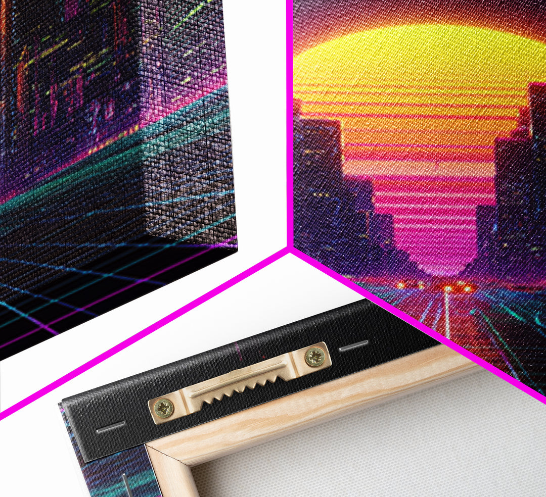 Retro Futuristic City Neon Sunset Car Driving 80s Vaporwave Wall Art Canvas Print Cyberpunk Decor Gaming Room Wall Art