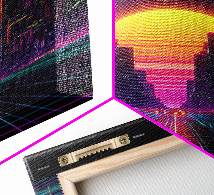 Retro Futuristic City Neon Sunset Car Driving 80s Vaporwave Wall Art Canvas Print Cyberpunk Decor Gaming Room Wall Art