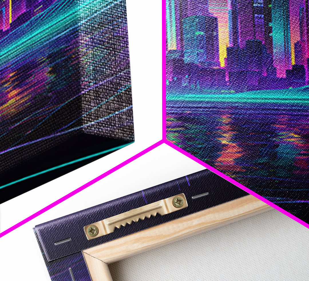 Neon Futuristic City Skyline At Night Wall Art Cyberpunk Landscape Canvas Print Modern Urban Home Decor Gaming Room Artwork