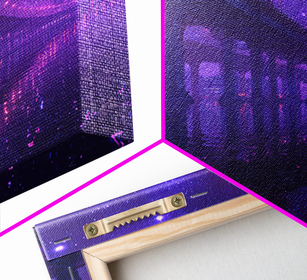 Neon Bridge At Night Over Water Wall Art, Dreamy Purple Cityscape Print, Modern Coastal Home Decor Canvas Print