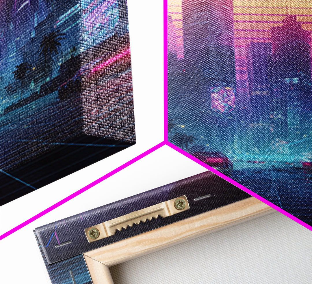 Neon Cyberpunk Cityscape With Retro Cars Wall Art Canvas Print, Futuristic Sci Fi Gaming Room Decor Modern Urban Art