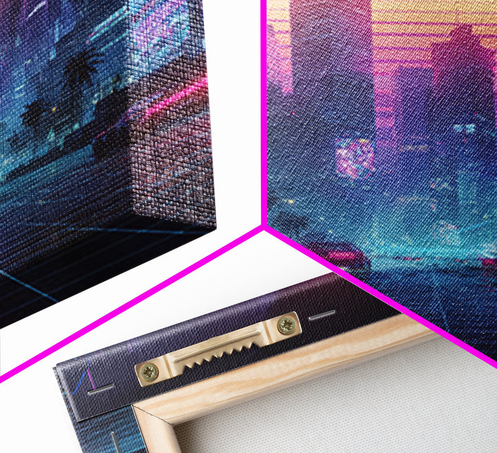 Neon Cyberpunk Cityscape With Retro Cars Wall Art Canvas Print, Futuristic Sci Fi Gaming Room Decor Modern Urban Art