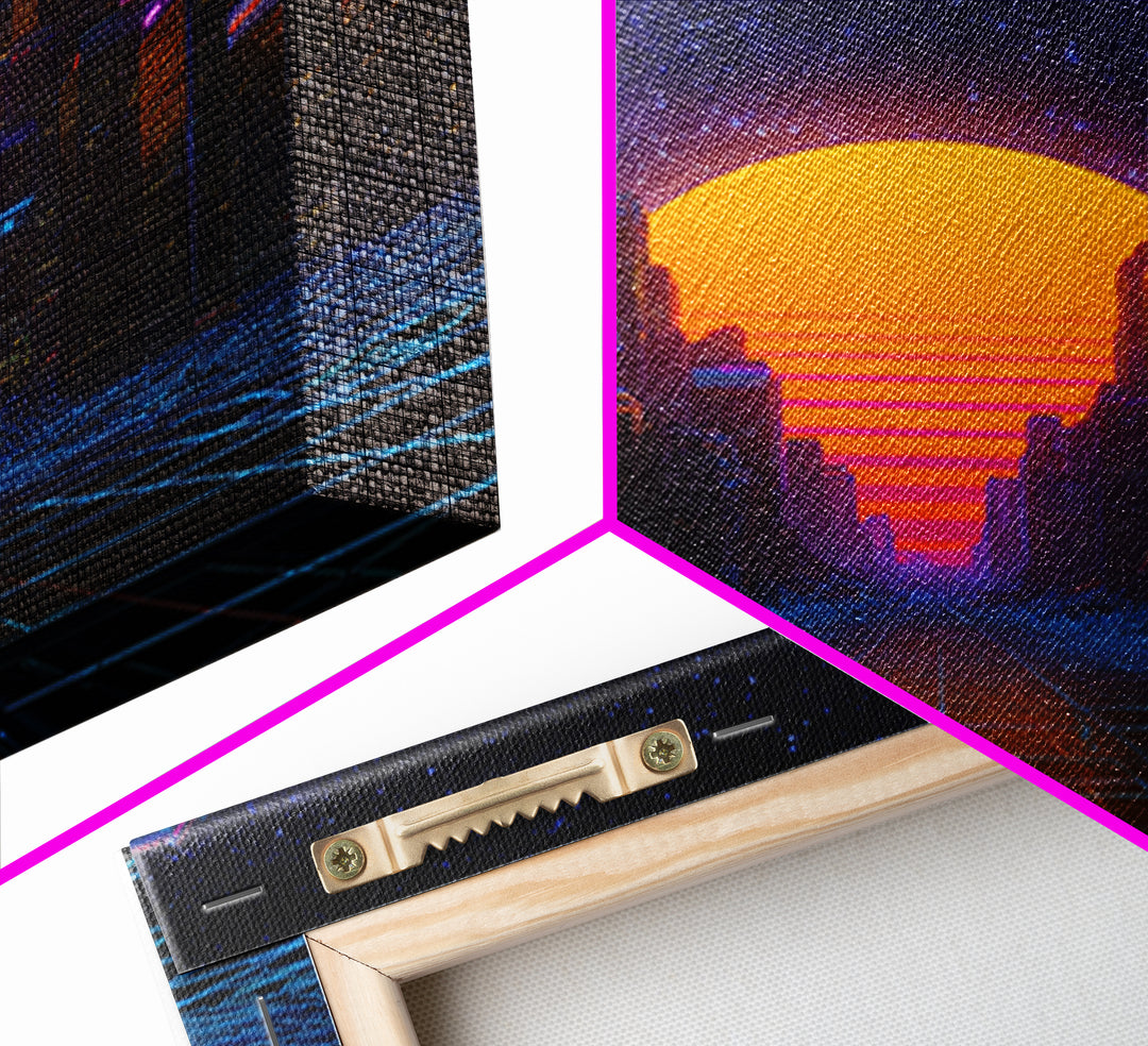 Neon City Sunset Retro Futuristic Wall Art, Cyberpunk Skyline Print, Synthwave Gaming Room Decor, Vibrant Sci Fi Living Room Wall Art