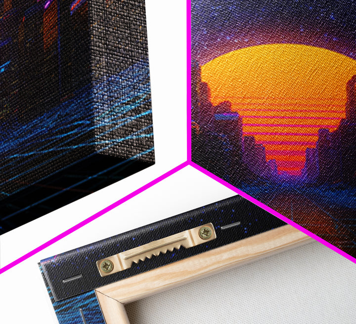 Neon City Sunset Retro Futuristic Wall Art, Cyberpunk Skyline Print, Synthwave Gaming Room Decor, Vibrant Sci Fi Living Room Wall Art