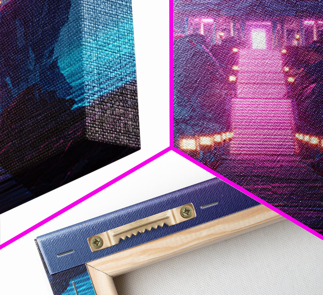 Neon Temple On Ocean Cliff Wall Art, Futuristic Fantasy Landscape Print, Surreal Zen Decor, Modern Home Decor Canvas Print