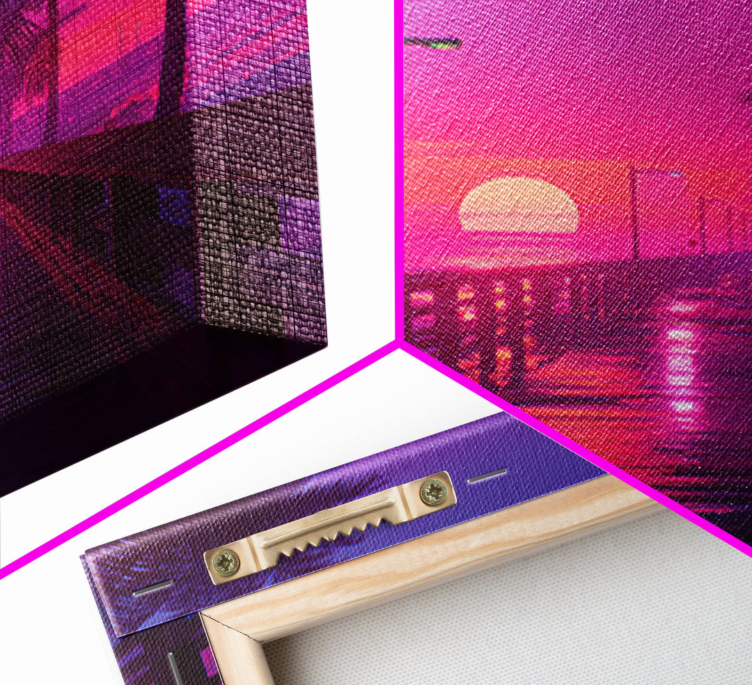 Neon Pier At Sunset With Palm Trees Wall Art, Vibrant Coastal Landscape Print, Retro Beach Home Decor Canvas Print