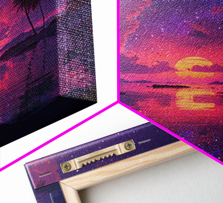 Starlit Tropical Lagoon Sunset Wall Art, Dreamy Pink Purple Coastal Landscape, Romantic Beach Canvas Print For Bedroom