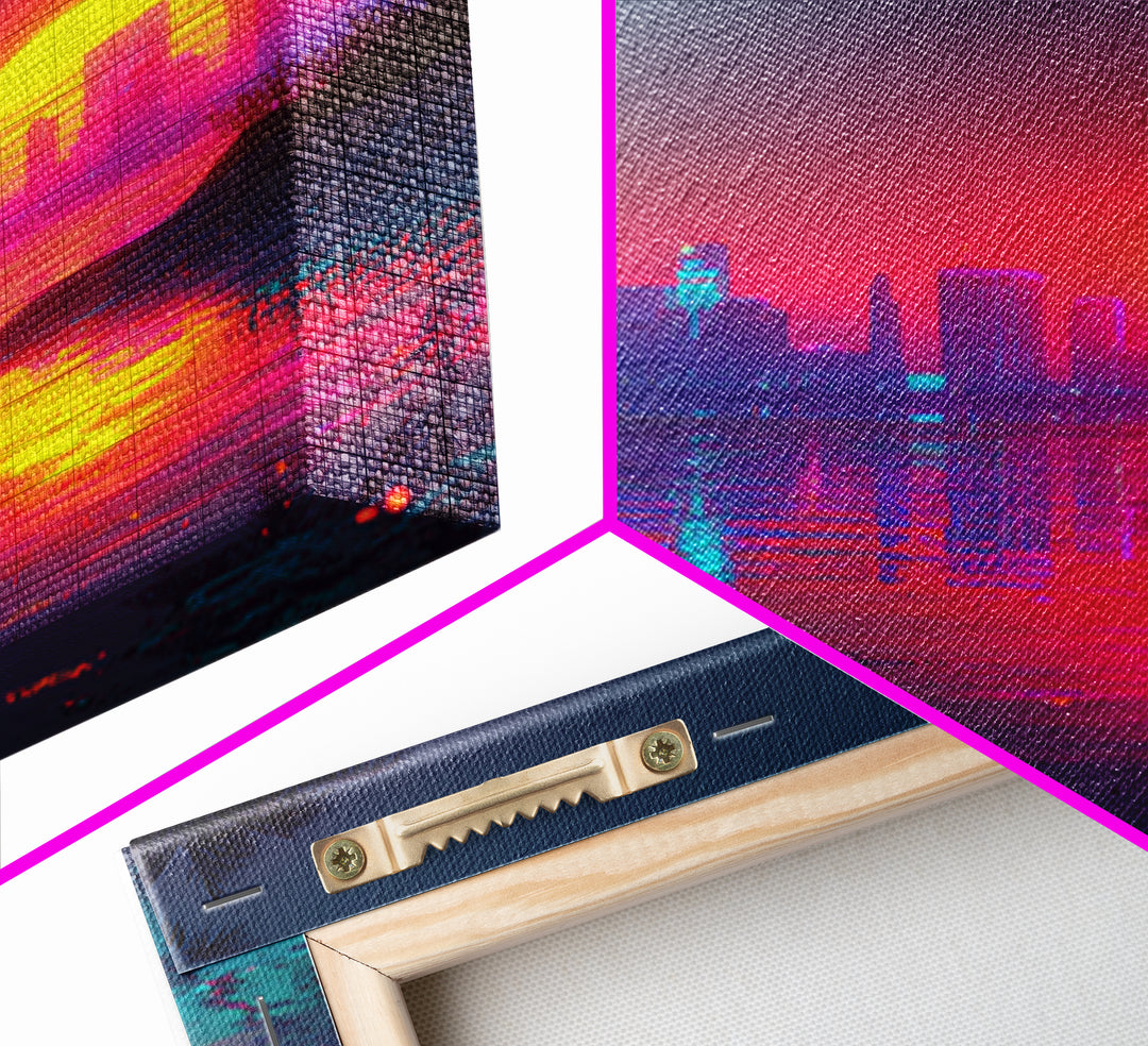 Retro Neon Beach Sunset City Skyline Wall Art Vaporwave Aesthetic Canvas Print Modern Coastal Wall Art Decor