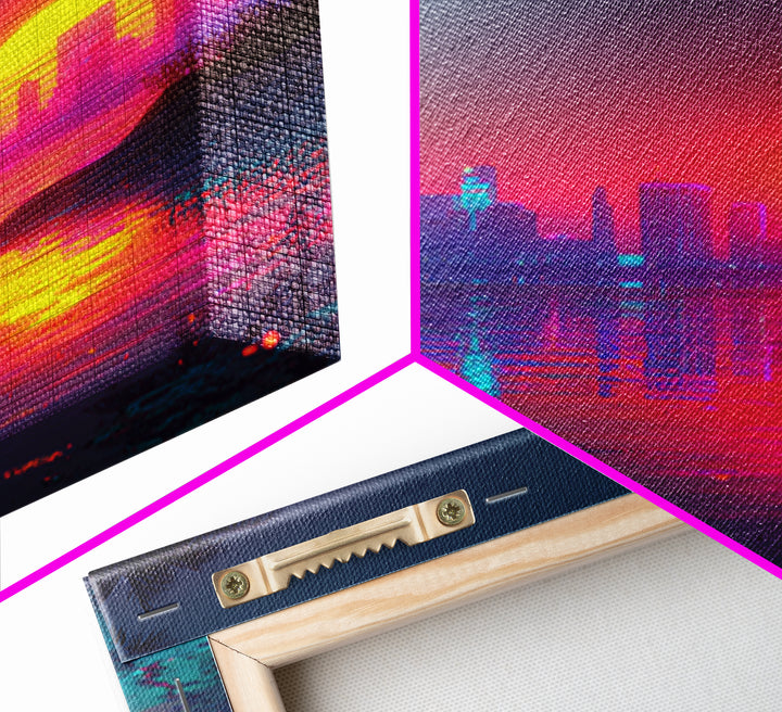 Retro Neon Beach Sunset City Skyline Wall Art Vaporwave Aesthetic Canvas Print Modern Coastal Wall Art Decor