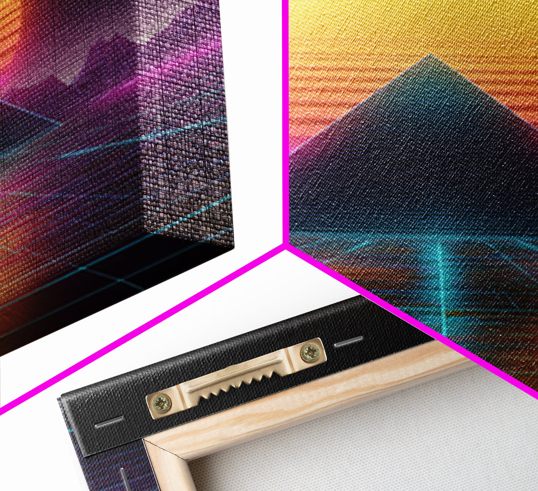 Retro Futuristic Pyramid Neon Sunset Landscape Wall Art Vaporwave Synthwave Painting Gaming Room Decor Canvas Print