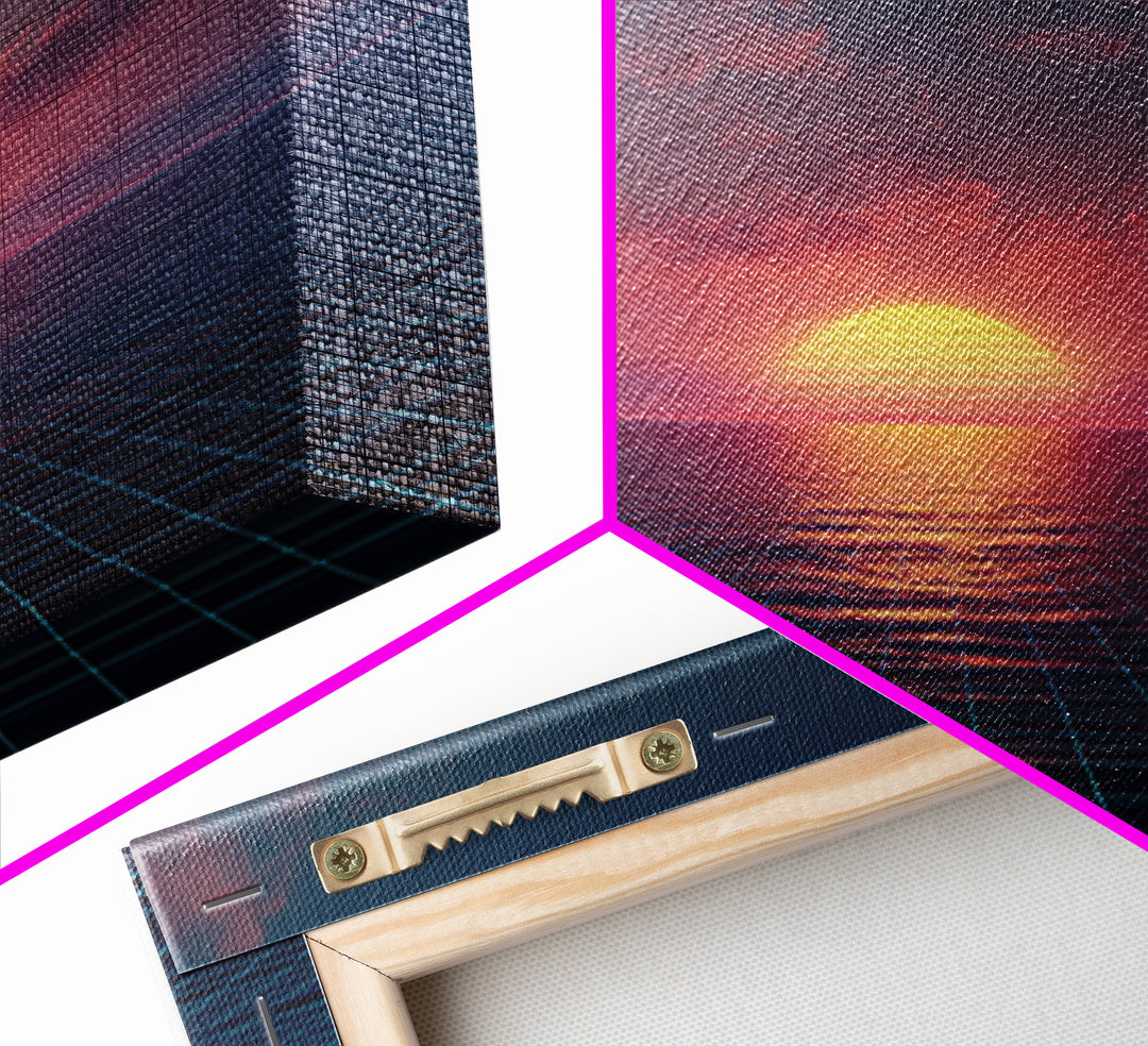 Neon Ocean Horizon Sunset Canvas Print, Retro Grid Seascape Wall Art, Futuristic Coastal Decor, Synthwave Bedroom Or Gaming Room Art