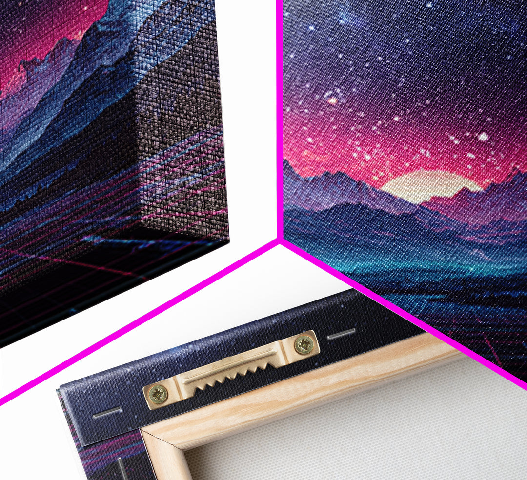 Neon Retro Mountains At Night Wall Art, Synthwave Landscape Print, Futuristic Gaming Room Decor, Vaporwave Aesthetic Wall Art