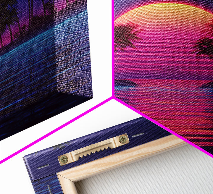 Retro Neon Island Sunset Wall Art, Synthwave Palm Tree Canvas Print, Vaporwave City Beach Decor, Futuristic Coastal Art