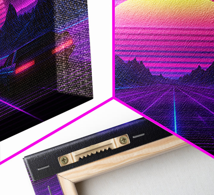 Neon Retro Highway Vaporwave Landscape Wall Art Canvas Print, Futuristic Sci Fi Gaming Room Decor Modern Abstract Art