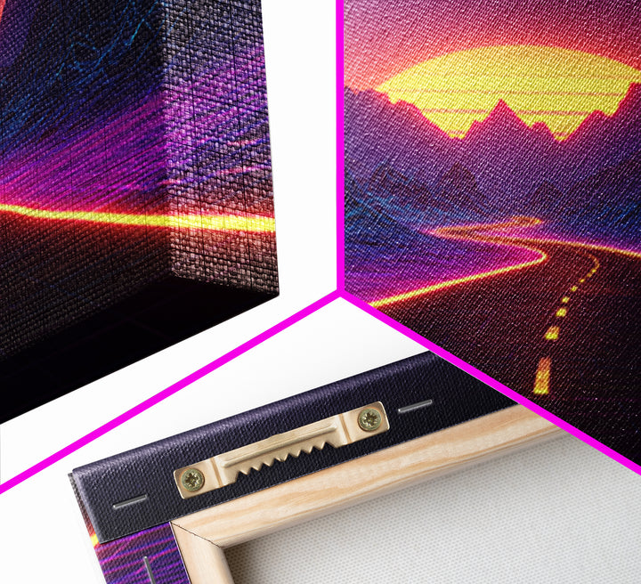 Retro Futuristic Neon Road Wall Art, Synthwave Landscape Poster, Gaming Room Decor, Vibrant 80s Style Canvas Print