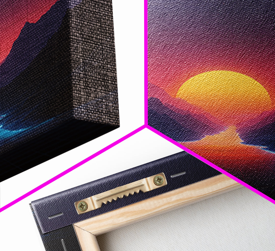Retro Synthwave Sunset Over Neon River Wall Art, Futuristic 80s Vaporwave Landscape Canvas Print For Gaming Room