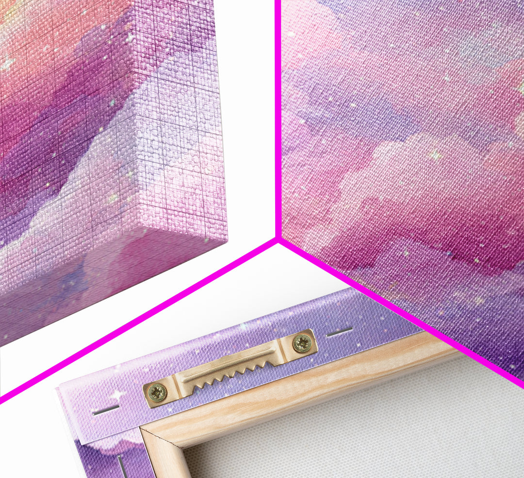 Pink Lavender Starry Clouds Wall Art, Pastel Celestial Canvas Print, Dreamy Nursery Decor, Girls Room Decor, Whimsical Art