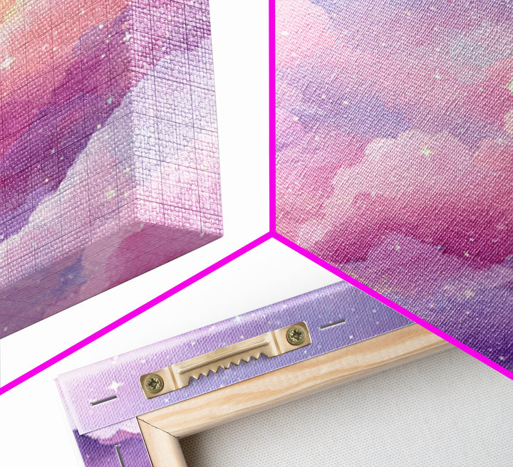 Pink Lavender Starry Clouds Wall Art, Pastel Celestial Canvas Print, Dreamy Nursery Decor, Girls Room Decor, Whimsical Art
