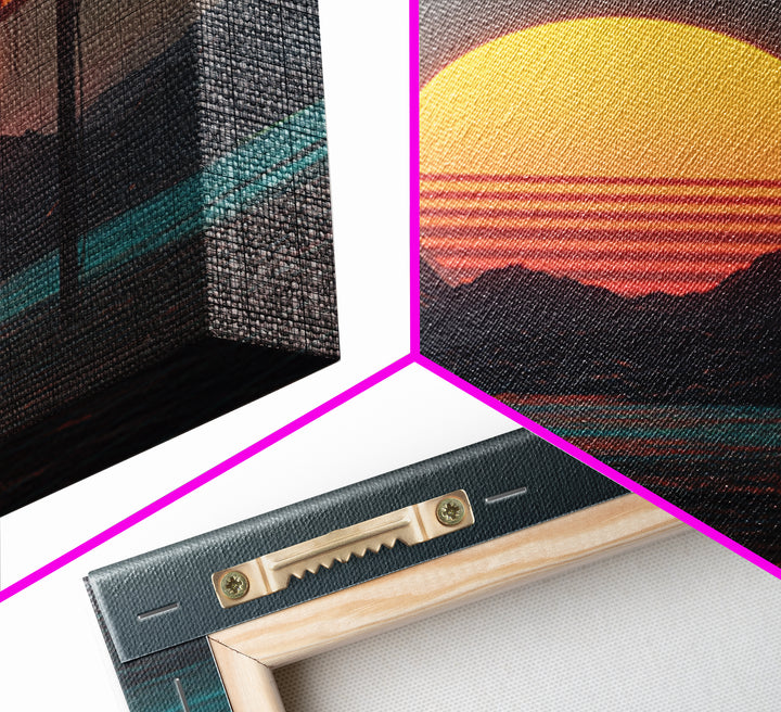 Futuristic Neon Sun Over Sci Fi Mountains Wall Art, Cyberpunk Landscape Home Decor, Retro Synthwave Canvas Print