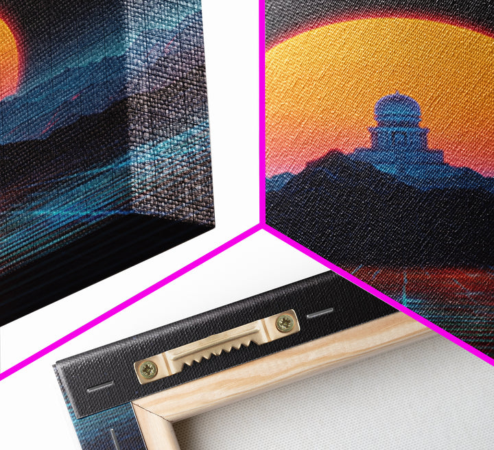 Sci Fi Observatory Sunset Landscape Wall Art, Retro Futuristic Mountains, Neon Synthwave Canvas Print Decor