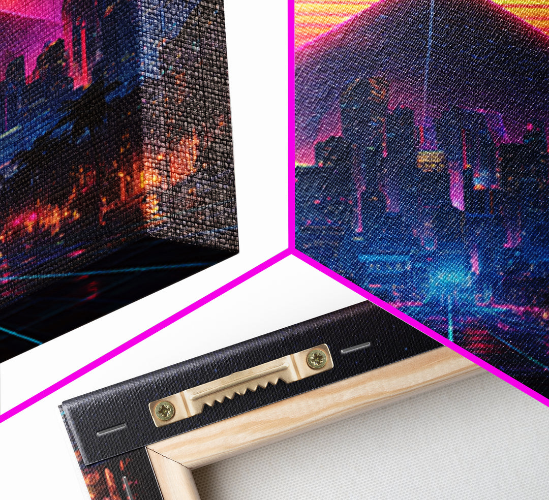 Retro Futuristic Neon City Pyramid Wall Art, Cyberpunk Sunset Canvas Print, Synthwave Gaming Room Decor, Sci Fi Art