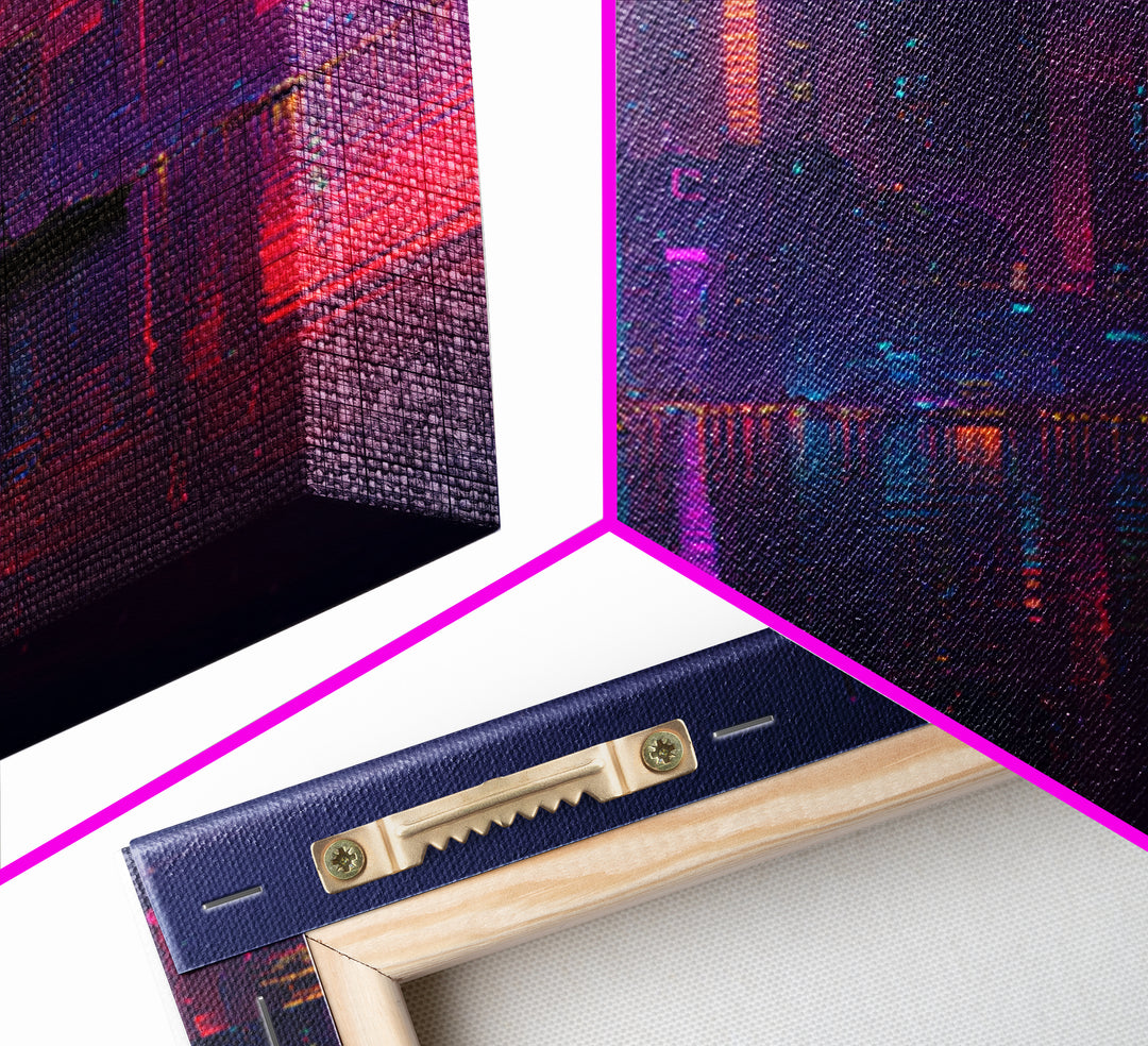 Cyberpunk Neon City Skyline Wall Art, Futuristic Night Harbor Canvas Print, Sci Fi Cityscape Decor, Gaming Room Modern Wall Art