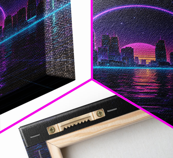 Neon City Skyline Over Water Retro Futuristic Wall Art Vaporwave Cityscape Canvas Print Gaming Room Decor