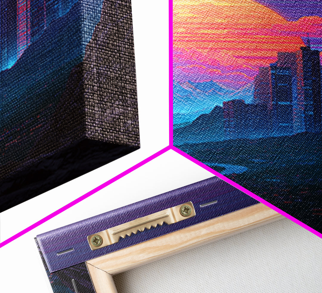 Cyberpunk City Neon Sunset Landscape Wall Art Futuristic Skyline Painting Gaming Room Decor Modern Wall Art Canvas Print