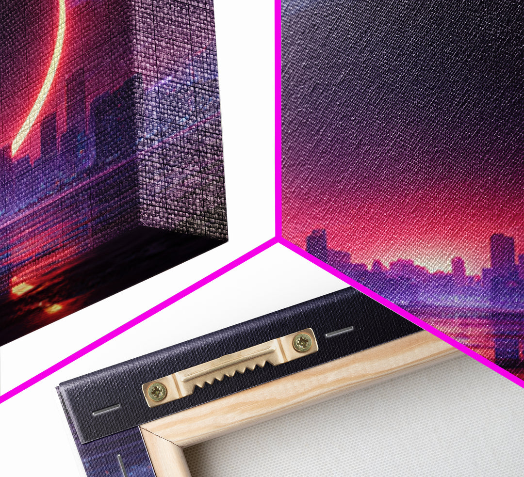 Futuristic Eclipse Cityscape Canvas Print, Neon Sci Fi Wall Art, Cyberpunk Skyline Decor For Gaming Room Or Modern Office