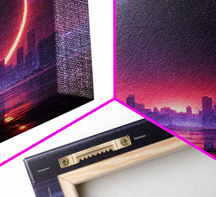 Futuristic Eclipse Cityscape Canvas Print, Neon Sci Fi Wall Art, Cyberpunk Skyline Decor For Gaming Room Or Modern Office