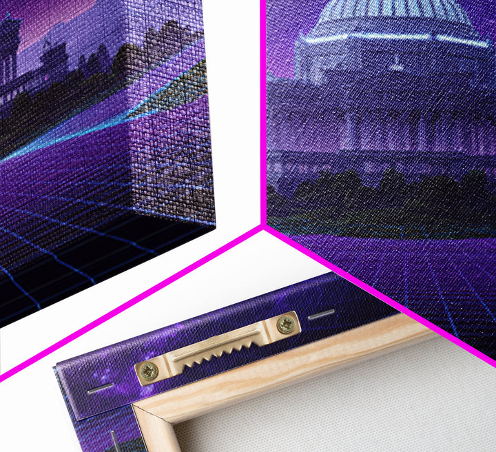 Retro Futuristic Palace Under Stars Wall Art, Neon Sci Fi Cityscape Canvas Print, Cyberpunk Gaming Room Decor