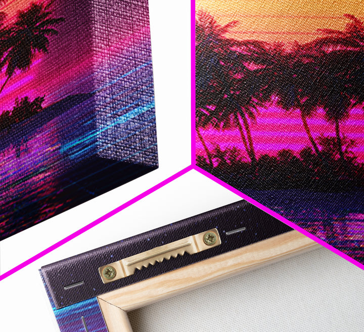 Retro Vaporwave Palm Island Wall Art, Neon Ocean Sunset Canvas Print, Aesthetic 80s Coastal Decor, Gaming Room Modern Wall Art