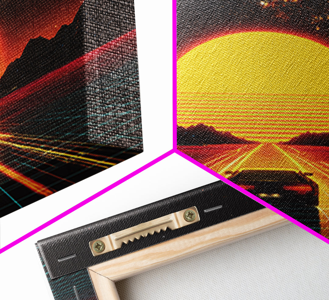 Retro Futuristic Car Road To Giant Neon Sun Wall Art, Synthwave Grid Landscape Canvas Print