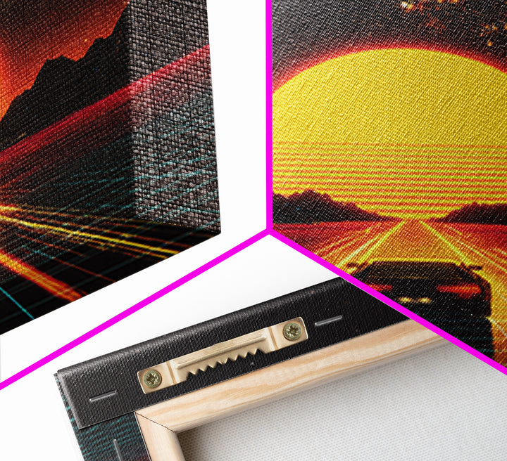 Retro Futuristic Car Road To Giant Neon Sun Wall Art, Synthwave Grid Landscape Canvas Print