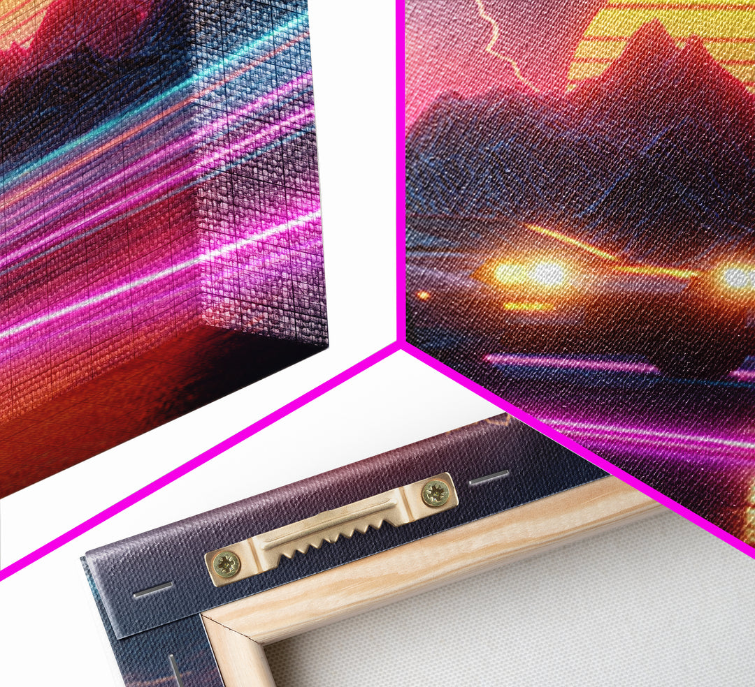 Retro Sports Car In Neon Sunset Mountains Wall Art, Cyberpunk Cityscape Canvas Print, Futuristic Gaming Room Decor