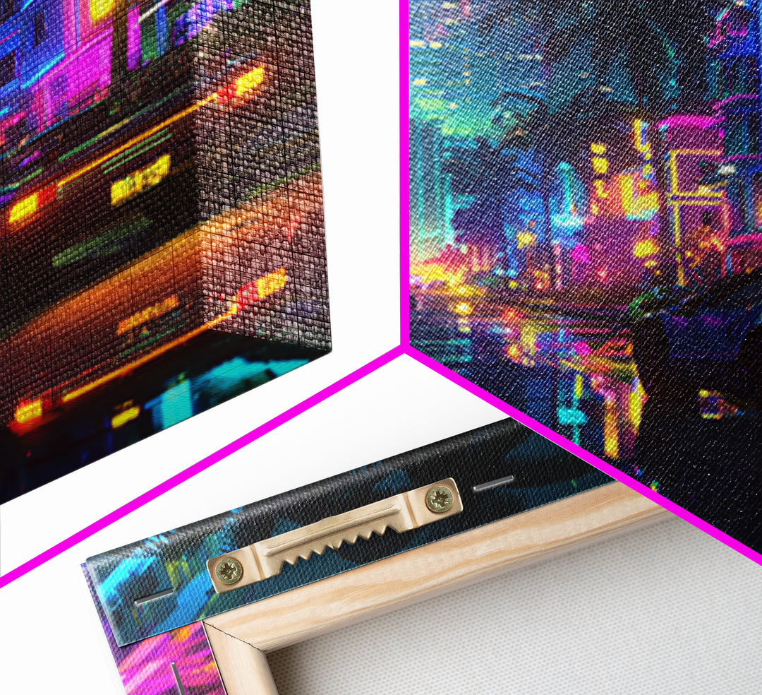 Neon Retro Futuristic City Street Wall Art, Cyberpunk Car Night Cityscape Print, Gaming Room Decor Canvas Print