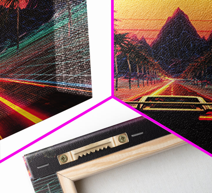 Retro Synthwave Sunset Car Wall Art Canvas Print, Neon Cityscape Art, 80s Vaporwave Decor, Gaming Room Wall Art