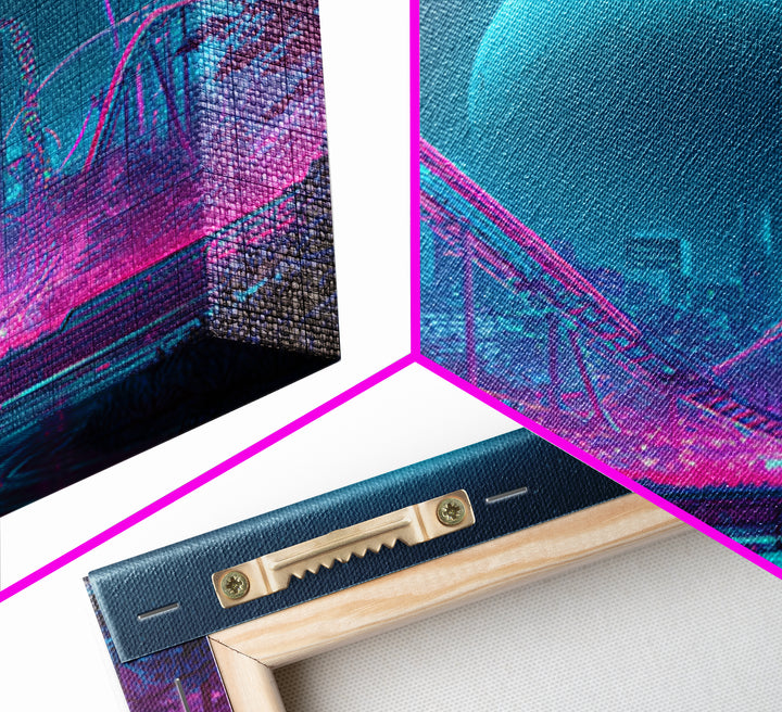 Neon Roller Coaster Under Full Moon Wall Art, Futuristic Night Amusement Park Canvas Print, Cyberpunk Gaming Decor