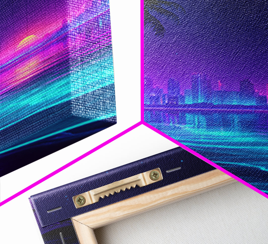 Neon City Beach Sunset Wall Art, Retro Futuristic Coastal Landscape Canvas Print, Modern Coastal Home Decor