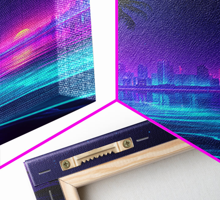 Neon City Beach Sunset Wall Art, Retro Futuristic Coastal Landscape Canvas Print, Modern Coastal Home Decor