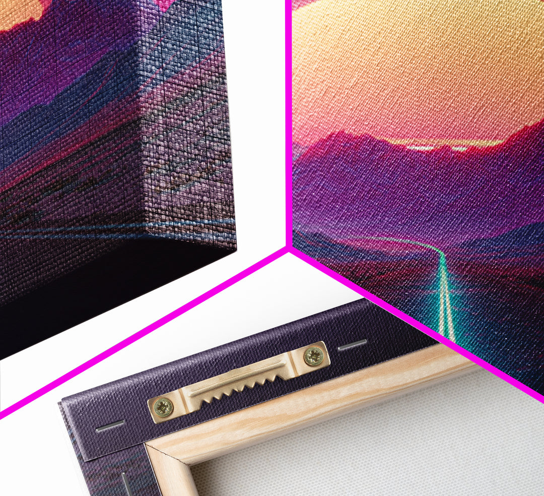Neon Sunset Mountain Road Wall Art, Retro Futuristic Landscape Canvas Print, Cyberpunk Space Art For Gaming Room And Modern Home Decor