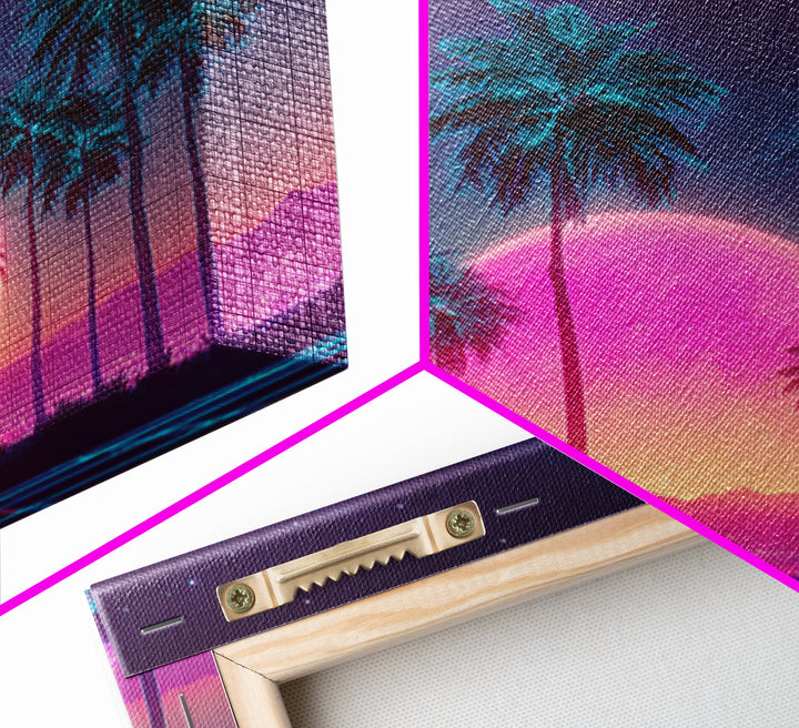 Vibrant Neon Cityscape With Palm Trees And Pink Moon Night Sky Futuristic Wall Art Framed Canvas Print For Living Room