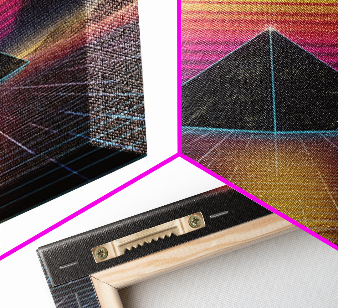 Retro Synthwave Pyramid Sunset Wall Art, Neon Grid Landscape Canvas Print, 80s Aesthetic Home Decor, Sci Fi Poster
