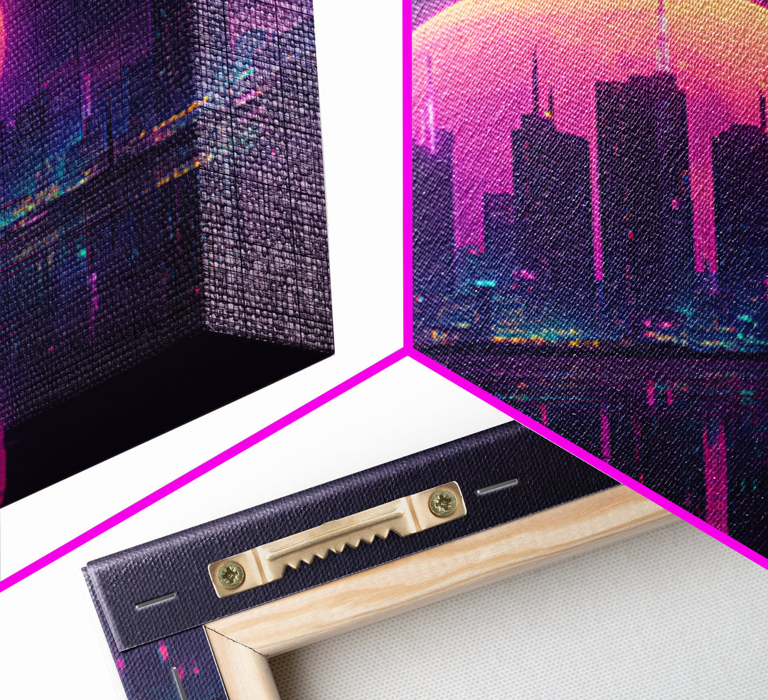 Neon Moon Over Futuristic City Skyline Wall Art, Cyberpunk Night Cityscape Print, Modern Gaming Room Canvas Print