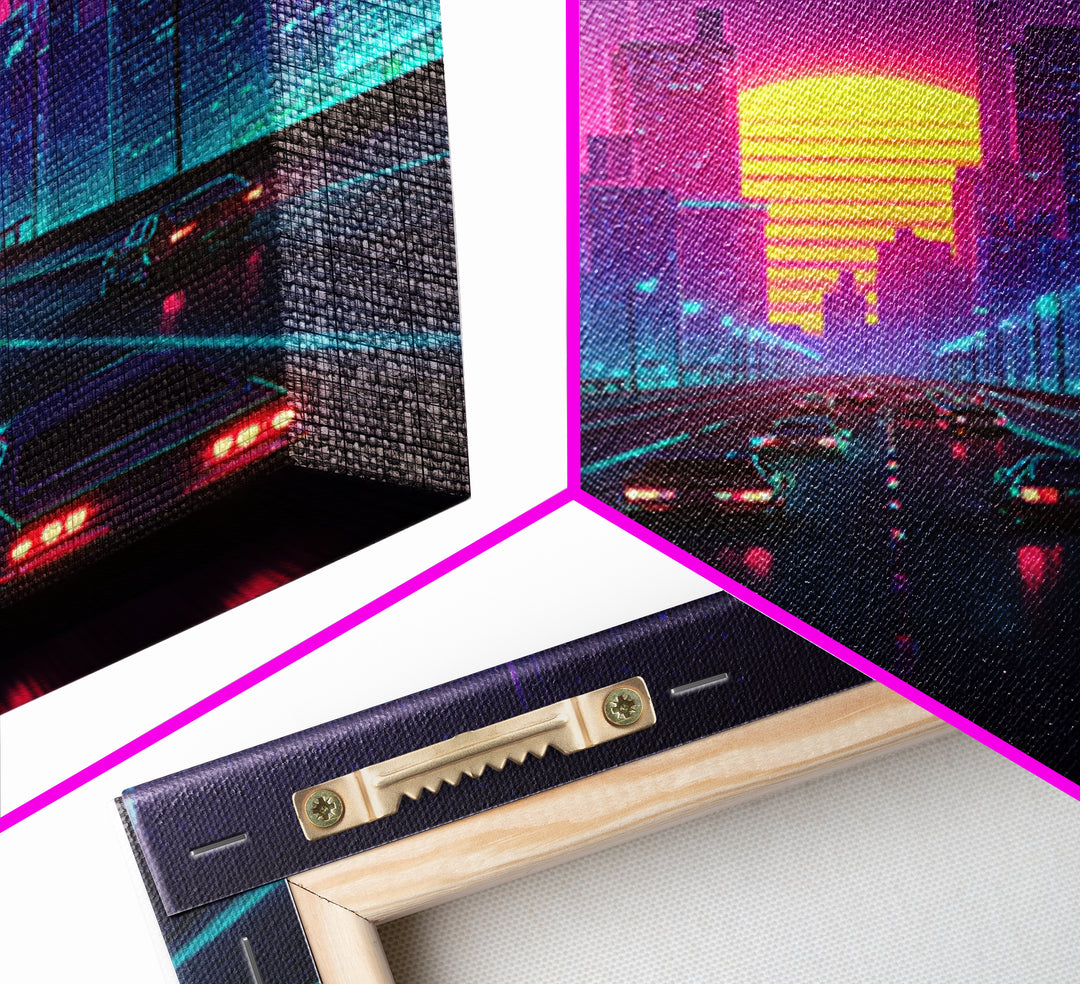 Neon Retro Highway Cityscape Wall Art, Futuristic Synthwave Sunset Canvas Print, Cyberpunk City Modern Home Decor