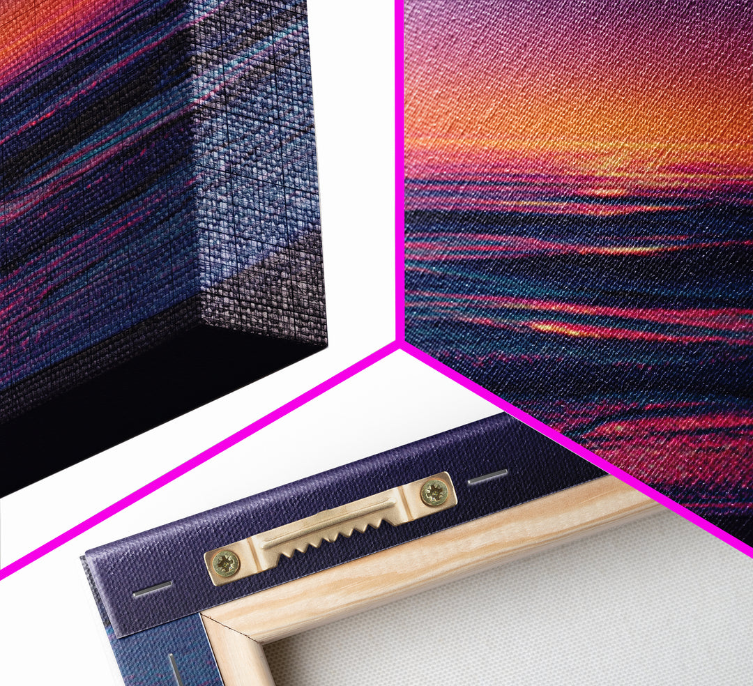 Neon Sunset Over Ocean Waves Wall Art, Colorful Coastal Landscape Print, Modern Beach House Decor Canvas Print