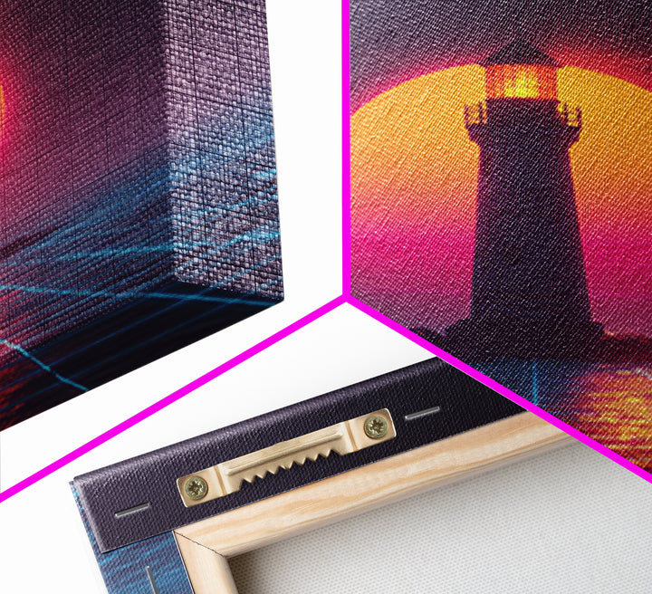 Retro Futuristic Lighthouse Neon Sunset Canvas Print, Synthwave Coastal Wall Art, Vaporwave Ocean Scene For Gaming Room Decor